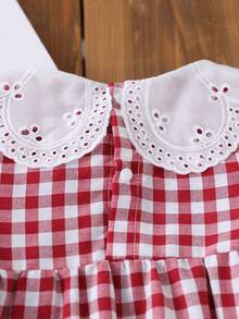 新生女宝宝格子草莓刺绣彼得潘领长袖连体衣，婴儿春秋季连体衣，女宝宝格子连身裤 - 彩色 - 查看 5