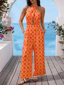 Vivid Eden Bộ jumpsuit nữ in họa tiết toàn thân, buộc dây cổ, hở lưng, kiểu dáng thường ngày. - trái cam - Xem 4