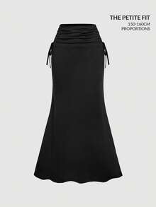 SHEIN MOD Petite Fit For The 150-160cm, Petite Perfect,  Women's High Waisted Side Drawstring Waist With Pleated Hem And Mermaid Hemline Long Black Skirt Drawstring Skirt Black Long Skirt Gothic Skirt Slit Skirt Ruched Skirt,Summer,Festival ,Beach, Wedding ,Vacation,Vintage,Romper,Black High Waist Maxi Skirt For Women, Ruched Drawstring Bodycon Mermaid Skirt, Petite Fit Elegant Slim Fishtail Long Skirt, Minimalist Y2K Chic Going Out Bottom For Party, Date Night, Cocktail, Dinner, Holiday, Club, Streetwear,Summer,Festival,Beach,Tea Party,Outfit,Vacation,Print,Going Out,Cute,Garden Party,Romantic,Country Concert,Music Festival,Boho,Y2K,Vintage,Cottagecore,Floral,Ruffle - Black - View 6