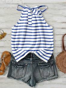 SHEIN LUNE 经典优雅蓝白条纹印花露背吊带背心 - 适合海岛度假、航海和波西米亚风夏季穿着，可用于海滩、邮轮、音乐节、演唱会、婚礼宾客、城市旅行、乡村音乐节前夜等场合。 - 彩色 - 查看 2