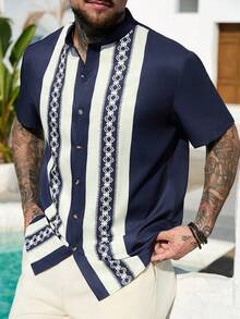 VENTUSAIL Men's Stand Collar Contrast Stripe Print Button Front Casual Short Sleeve Shirt, Summer - Multicolor - View 4
