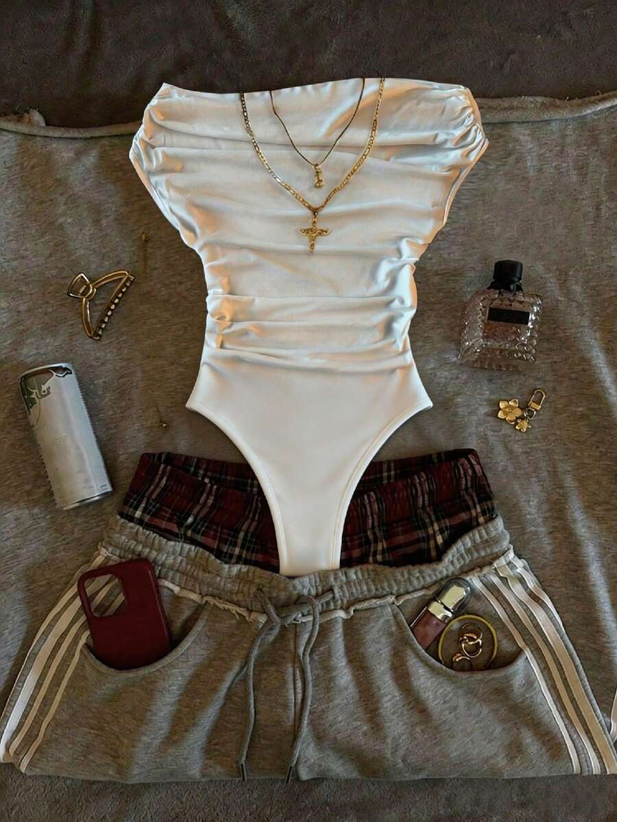 Glimmora Women's Summer New Casual Sexy Off-Shoulder Ruched Bodysuit - White - View 1