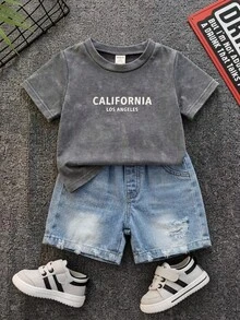 SHEIN 男婴夏季休闲雪花牛仔上衣和蓝色牛仔短裤两件套，夏季服装 - 彩色 - 查看 1