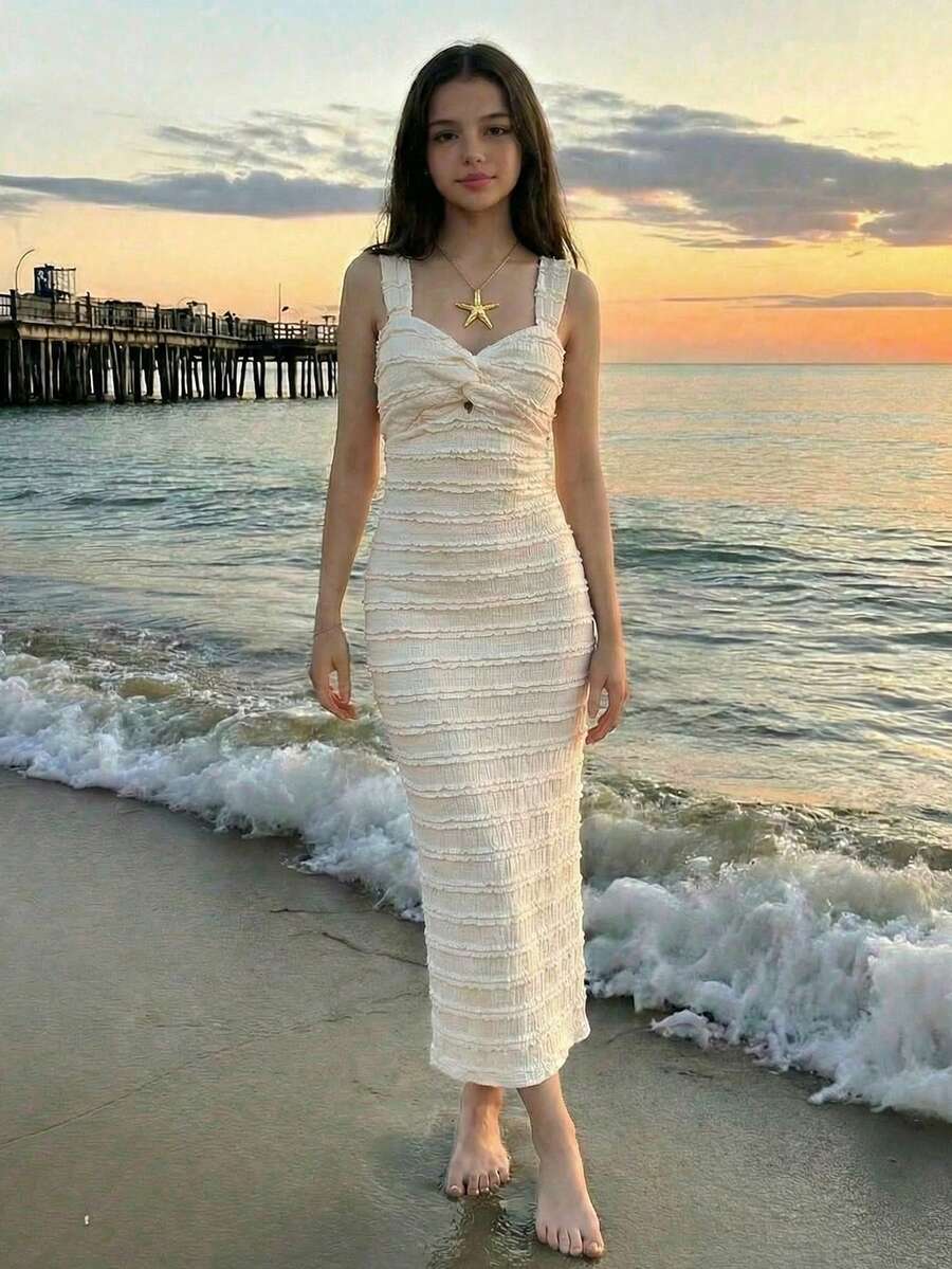 SHEIN Vestido de tirantes ajustado con diseño de jacquard y detalle de nudo delantero, elegante y casual para adolescentes en verano - Albaricoque - Ver 1