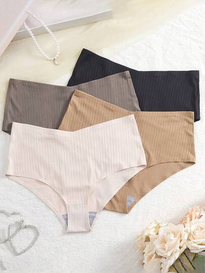 4pcs Women's Striped Fabric Seamless High Waist Briefs
