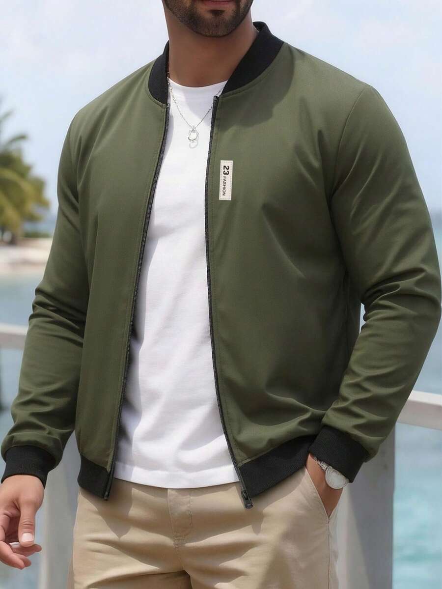 EGENSIO Men's Solid Color Patch Zipper Casual Long Sleeve Jacket - Olive Green - View 1