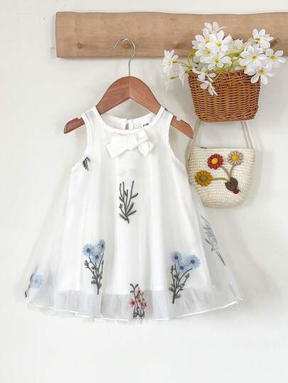 SHEIN Vintaside Kids 女婴花朵网纱蝴蝶结装饰无袖连衣裙