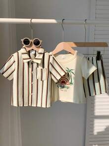 SHEIN 男婴夏季休闲度假三件套，包括条纹衬衫、条纹短裤和棕榈树印花T恤 - 彩色 - 查看 7