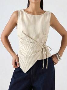 LYSMO 2026 New Minimalist Sleeveless Round Neck Tank Top With Floral Print, Apricot Color, Apricot Tie-Front Top, Asymmetric Top, Fine Stripe Top, Fashionable Women's Blouse/Casual Women's Blouse,Summer Top - Apricot - View 6