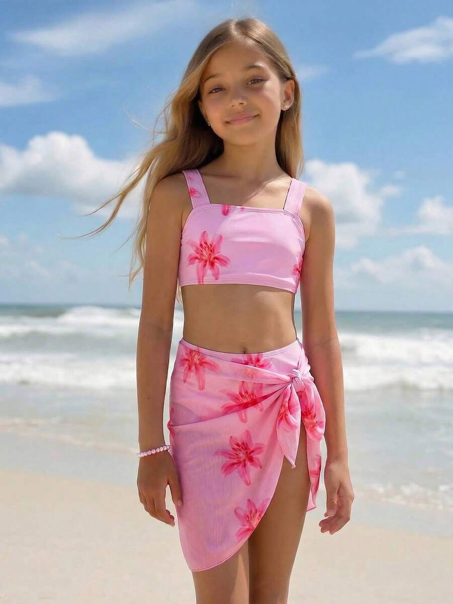 SHEIN Tween Girls' Floral Print Swimsuit Set - Multicolor - View 1
