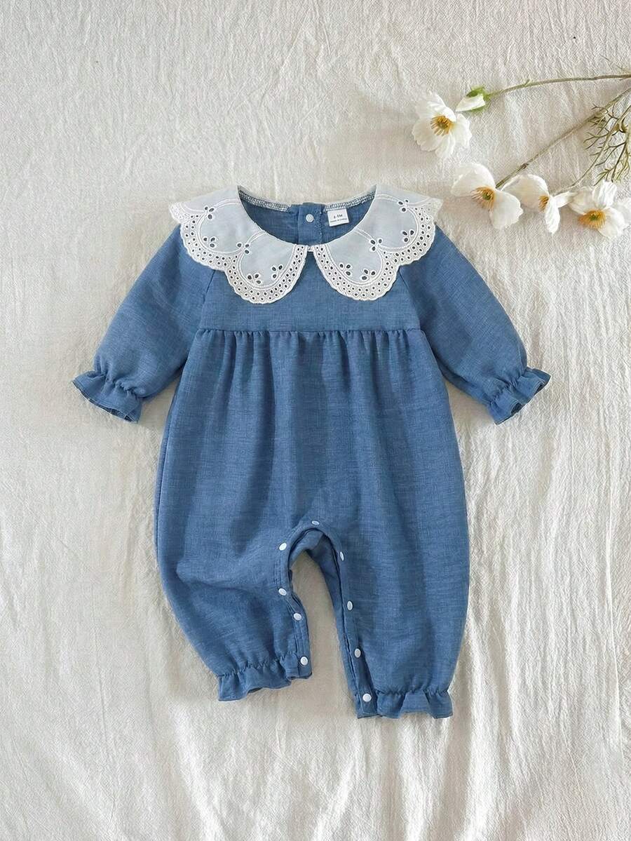 Souflis Souflis Newborn Baby Girls' Embroidered Collar Long Sleeve Romper Blue And White Striped Autumn Cute Family Matching Holiday Jumpsuit Outfits Clothes - Multicolor - View 1