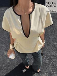 Siren Gaze 100% Cotton Contrast Trim Ruffle Waist Short Sleeve Shirt, Women's Elegant V Neck Blouse, Casual Shirt, Fashionable Pleated Elegant Slim Fit Women's Blouse, Summer Casual, Beach Outfits, Vacation - Apricot - View 5