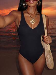 Swim Basics Summer Beach Ladies' Solid Vacation Ruched Crossed Back Casual One-Piece Swimsuit - Black - View 3