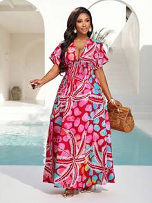 Brilight Đầm hè nữ kiểu dáng thường ngày, họa tiết hoa ngẫu nhiên, thích hợp mặc đi biển. - Đỏ - Xem 1