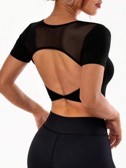 Slayform 女士露背网纱瑜伽健身短款上衣，性感简约设计