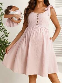 SHEIN Maternity Button Design Knotted Shoulder Striped Casual Sleeveless Nursing Dress - Multicolor - View 1
