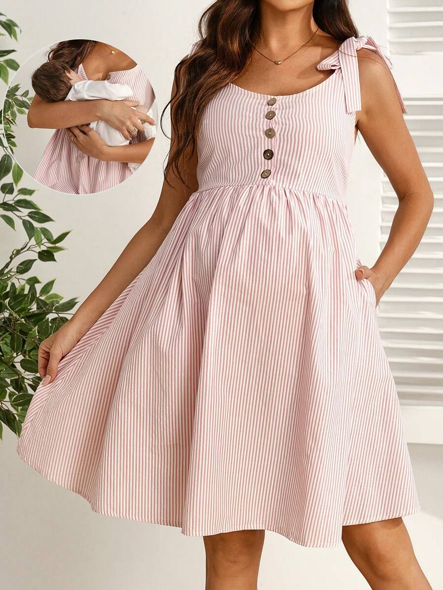 SHEIN Maternity Button Design Knotted Shoulder Striped Casual Sleeveless Nursing Dress - Multicolor - View 1