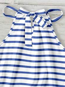 SHEIN LUNE 经典优雅蓝白条纹印花露背吊带背心 - 适合海岛度假、航海和波西米亚风夏季穿着，可用于海滩、邮轮、音乐节、演唱会、婚礼宾客、城市旅行、乡村音乐节前夜等场合。 - 彩色 - 查看 5