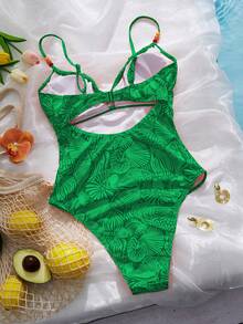 Swim Vcay 女士随机贝壳印花串珠抽绳连体泳衣，橙色，适合夏季海滩度假 - 綠色 - 查看 8