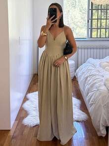 Siren Gaze Elegant Women's V-Neck Spaghetti Strap Maxi Dress Pleated A-Line Long Dress, Women's Date Dress, Women's Night Out Dress, Women's Summer Dress, Women's Honeymoon Travel Outfit, Women's Wedding Guest Dress, Island Vacation Dress, Women's Wedding Guest Dress, Women's Sundress, Women's Elegant Party Dress, Women's Birthday Dress, Classy Dress - Apricot - View 5