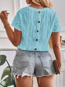 EMERY ROSE Nueva moda casual, estilo básico, cuello redondo, manga corta, diseño de botones en la espalda, bajo con forma de arco, camiseta básica azul con bordado de rombos, talla grande - Azul - Ver 5