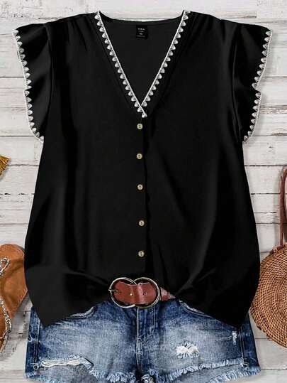 EMERY ROSE 大码女式休闲度假贝壳花朵V领短袖宽松飘逸优雅上衣，夏季