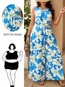 Breezaya Plus Size Women Floral Print Belted Jumpsuit,Blue And White Summer Boho Vacation Holiday Vacay Outfits,Hawaii Cruise Resort Wear Beach Outfits - Multicolor - View 1