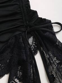 Sweetra Women's Sexy Lace Patchwork Ruched Fitted Mini Dress, Spring/Summer - Black - View 4