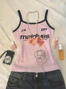 Glimmora 女士休闲度假风花卉字母印花圆领吊带背心 - 彩色 - 查看 1