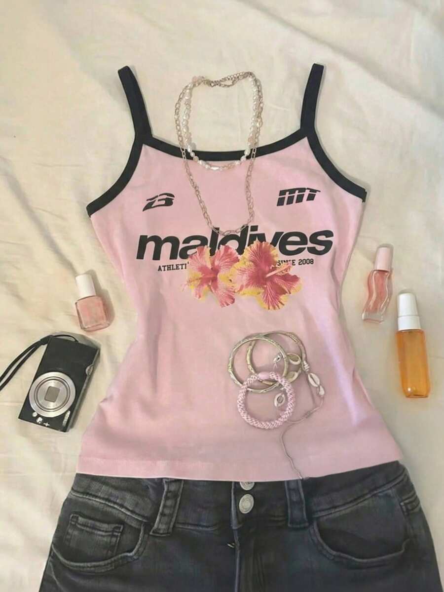 Glimmora 女士休闲度假风花卉字母印花圆领吊带背心 - 彩色 - 查看 1