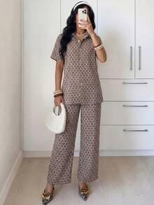 Modelyn Women's Spring/Summer Woven Short Sleeve Mandarin Collar Studded Top And Straight Leg Pants Casual Romantic 2-Piece Set - Multicolor - View 3