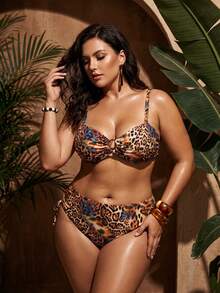 Swim Vcay Conjunto de bikini de talla grande con estampado de leopardo, primavera 2026. Diseño de cuello de halter, tirantes ajustables, Bottom de triángulo con cordón de cintura alta, dos piezas - Multicolor - Ver 5