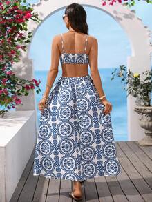 Vivid Eden Vestido retro de estampado blanco y azul para mujer, atuendo de vacaciones, atuendo de verano - Azul y blanco - Ver 2