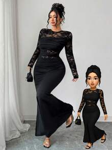 Elenzga Đầm dài tay cổ tròn, chất liệu lụa sữa, xếp ly, phối ren, kiểu dáng tối giản, phù hợp cho tiệc độc thân, họp mặt, mặc mùa đông, tiệc Giáng sinh, năm mới, Lễ Tạ ơn, tiệc thanh lịch, tiệc cưới, đầm ren đen sang trọng, đầm nữ thần gợi cảm, đầm đen xuyên thấu, đầm đen quyến rũ, đầm dài tay thanh lịch dành cho nữ, đầm ôm dáng. - màu đen - Xem 4