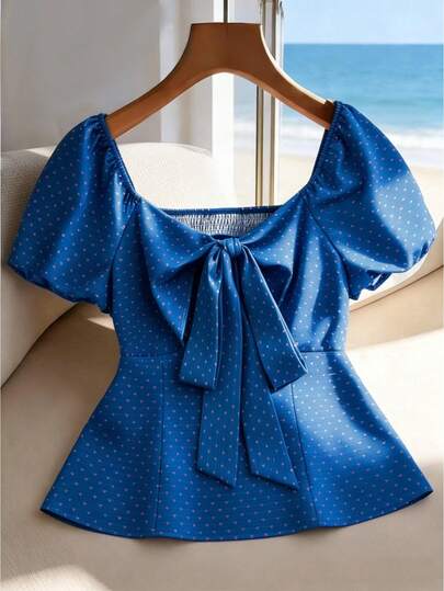 GlowEve CURVE Blusa de lazo elegante y retro con estampado de lunares para mujer de talla grande, ideal para la primavera/verano