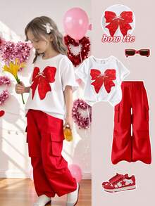 SHEIN ChillGRL Bộ 2 áo thun thường ngày và quần túi hộp cho bé gái tuổi teen, áo thun cổ tròn tay ngắn họa tiết thêu bướm và quần dài, trang phục thời trang cho mùa xuân/hè - Đỏ - Xem 9