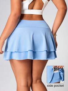 SHEIN Sports Plus Size Women Solid Color Casual Pocketed Versatile Daily Wear & Sports Skorts - Blue - View 1