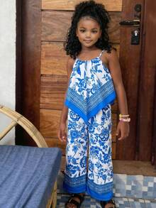 SHEIN 2pcs Young Girl Ditsy Floral Sleeveless Top And Pants Set - Multicolor - View 2