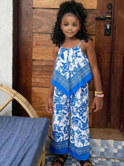 SHEIN 2 piezas Conjunto de top sin mangas y pantalones con estampado floral pequeño para niña