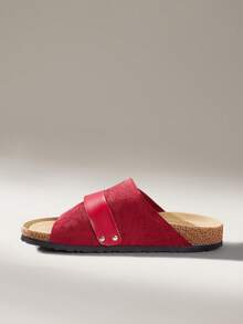 Solecia Women Shoes Adjustable Elastic Non-Slip Cork Sole Shoes Lightweight Breathable Cross Strap Design Open Toe Flat Sole Flat Heel Casual Simple Slouchy Comfortable Versatile Wind Frosted Suede Splicing Artificial Leather Cork Rubber Composite Sole Red Women Sandals Home Out Shopping Seaside Vacation Daily Commuter Balcony Leisure Park Walking Leisure - Red - View 4