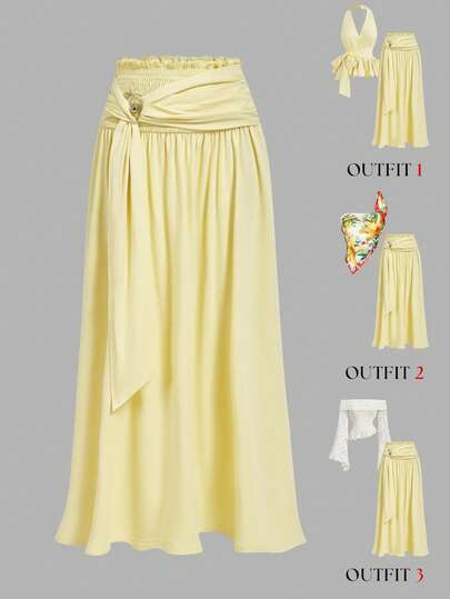 SHEIN MOD Women's Cream Yellow Shell Decor Twist Skirt, Pleated Flared Hem Romantic Holiday Skirt,Summer,Festival ,Beach, Wedding ,Vacation,Vintage,Romper,Butter Yellow High Waist Maxi Skirt For Women, Flowy A Line Draped Long Skirt With Smocked Waist, Twist Front Detail, Soft Elegant Swing Hem, Feminine Boho Chic Resort Style For Party, Vacation, Beach, Holiday, Brunch, Date Night, Wedding Guest, Daily Wear,Summer,Festival,Beach,Tea Party,Outfit,Vacation,Print,Going Out,Cute,Garden Party,Romantic,Country Concert,Music Festival,Boho,Y2K,Vintage,Cottagecore,Floral,Ruffle