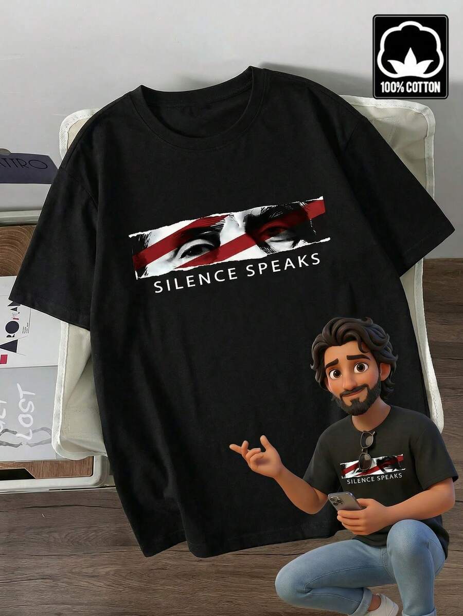 Manfinity LEGND Men's Letter Print Round Neck Short Sleeve Loungewear Top Black T-Shirt Black Graphic Tee Men - Black - View 1