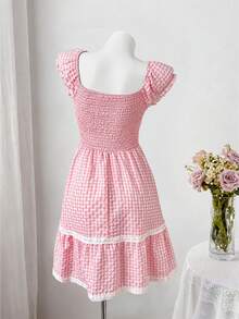 Sweetra Nouvelle robe d'été mode douce à carreaux roses, col en V, patchwork en dentelle, manches courtes - Rose bonbon - Voir 2