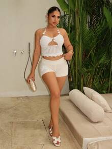 Maria Perezxox 钩编海星纹理粉色针织短裤 - 米色 - 查看 3