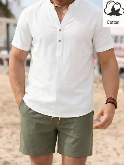 HIMLAND Men's Casual Holiday Bamboo Pattern White Short Sleeve Shirt And Shorts Set ,Summer Beach Boho Style 2 Piece Set ,Breathable Yoga Outfit For Men ,Casual Hippie Vacation Clothes ,White Band Collar Shirt With Green Shorts ,Lightweight Lounge Wear Set ,Elastic Waist Drawstring Linen Trousers Set ,Linen Look Henley Set ,Henley Band Collar Shirt & Drawstring Shorts ,Men's Linen Set ,Henley Shirt Outfit ,Summer 2 Piece Outfit ,Beach Vacation Wear ,Drawstring Elastic Shorts ,Olive Green Shorts Set