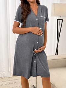 SHEIN Maternity V-Neck Short Sleeve Single-Breasted Casual Pocket Dress - Grey - View 3