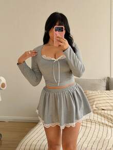 Sunnyshic Conjunto de 2 piezas de talla grande con ajuste ceñido y encaje en contraste - Gris - Ver 7