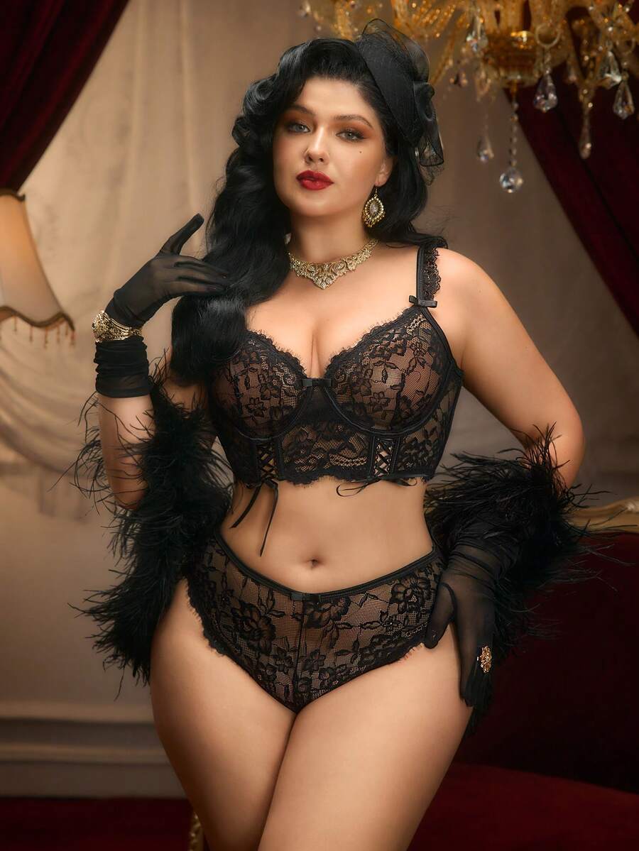 PinupPomp Black Fashionable Retro Sexy Plus Size Lingerie Set Lingerie For Women Bra And Panty Set Black Lace Lingerie Lace Underwear Women's Lingerie - Black - View 1