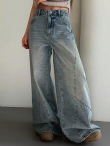 DAZY 女士宽松开衩弧形牛仔牛仔裤，休闲街头风，春夏款 - 藍色 - 查看 7