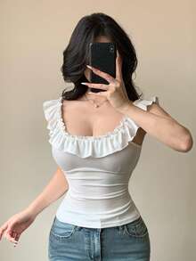 DAZY Áo thun nữ màu trơn trễ vai, xếp ly, ôm dáng, kiểu dáng thường ngày, phong cách Y2K dễ thương. - trắng - Xem 7